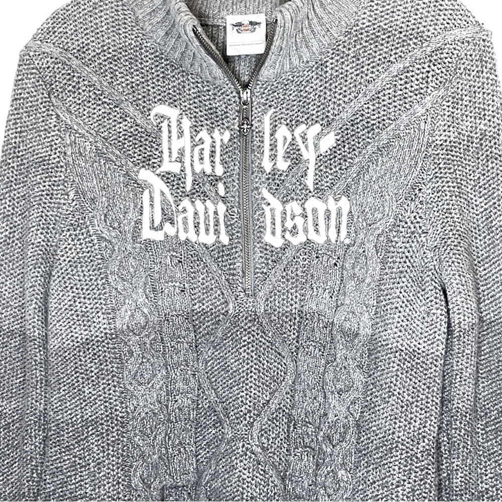 Harley Davidson Ombré Gray Cable Knit Embroidery Front 3/4 Zip Pull Over Sweater - Picture 5 of 12